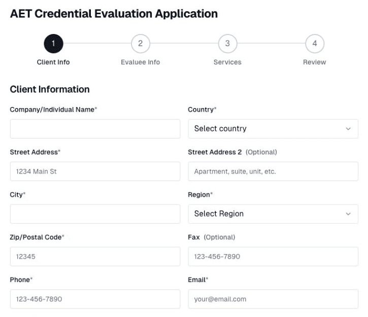 AET online application showing the Client Information form and four application stages