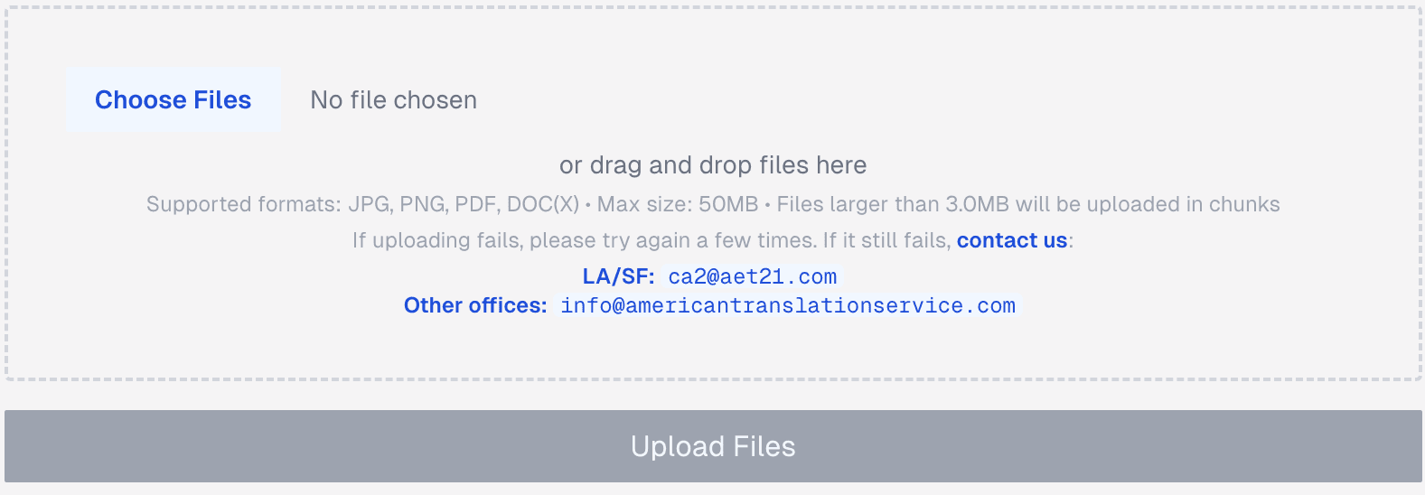 Application status page upload area with Choose Files, drag-and-drop instructions, and Upload Files button
