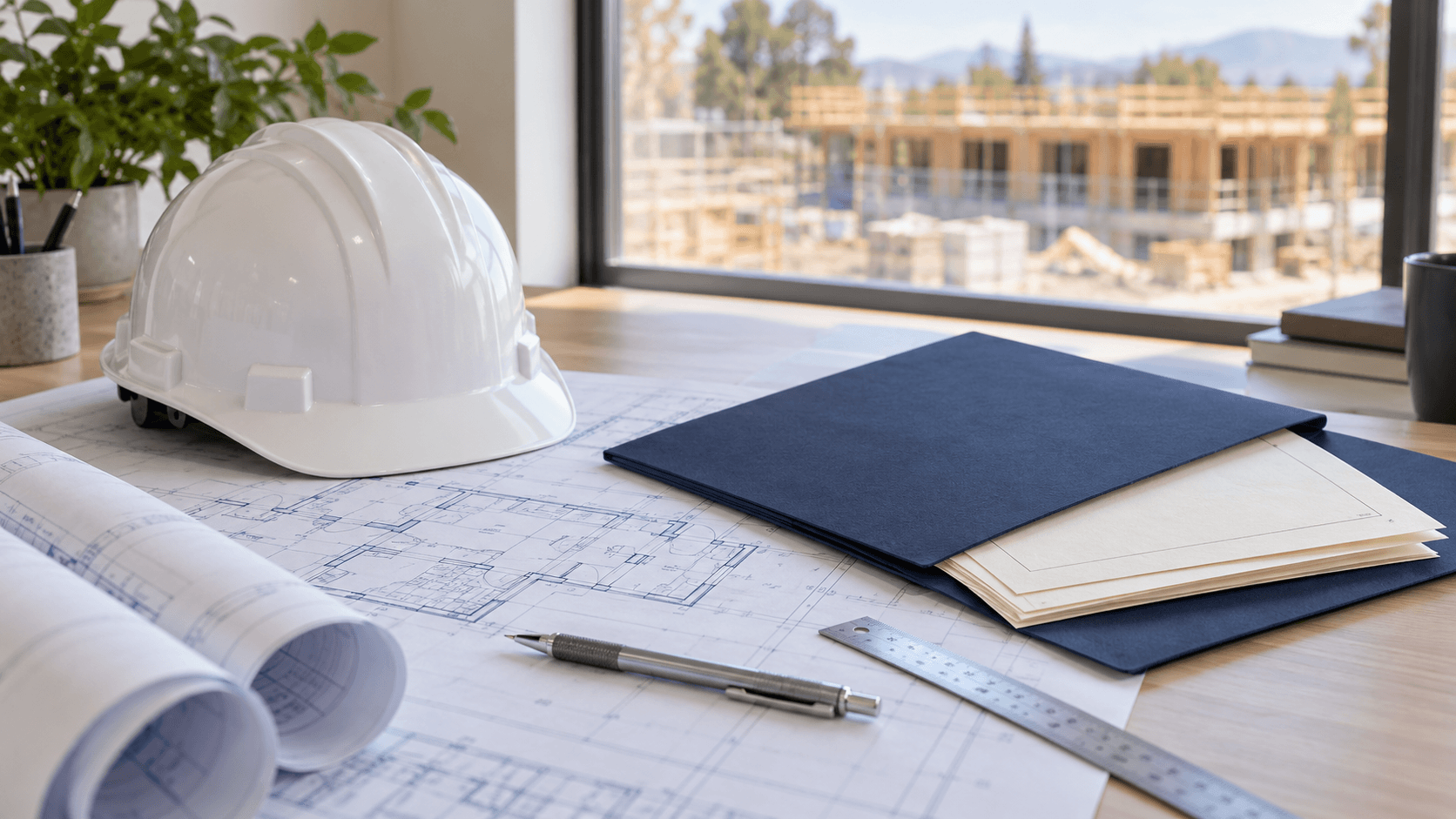 A white hard hat, building plans and a navy folder of papers on a desk overlooking a construction site