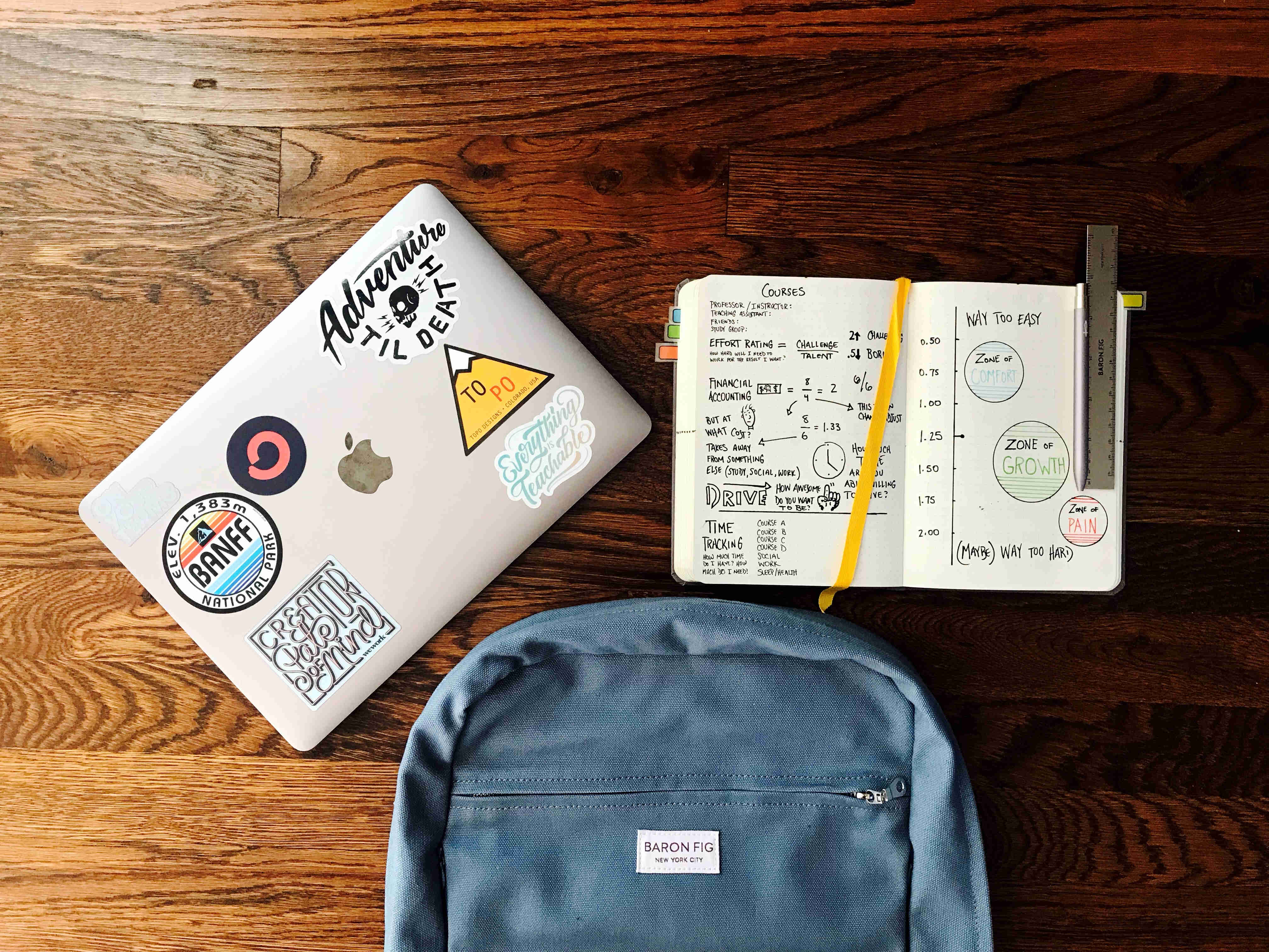 Laptop, notebook and backpack on a desk
