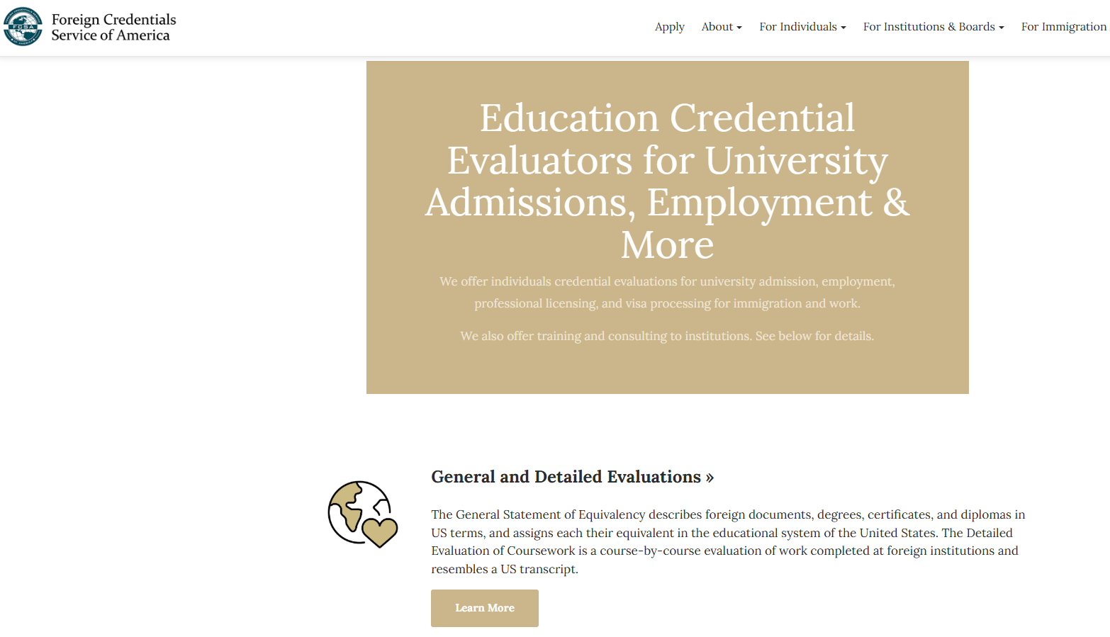 Historical Foreign Credentials Service of America website screenshot