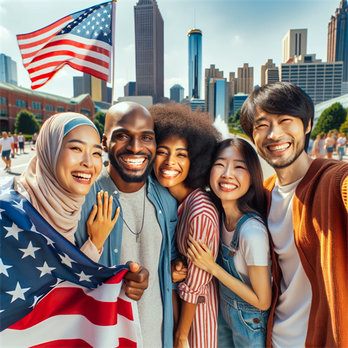 Illustration of people holding an American flag in a city