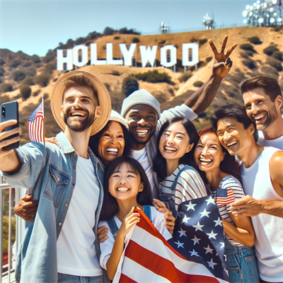 Illustration of people near the Hollywood sign