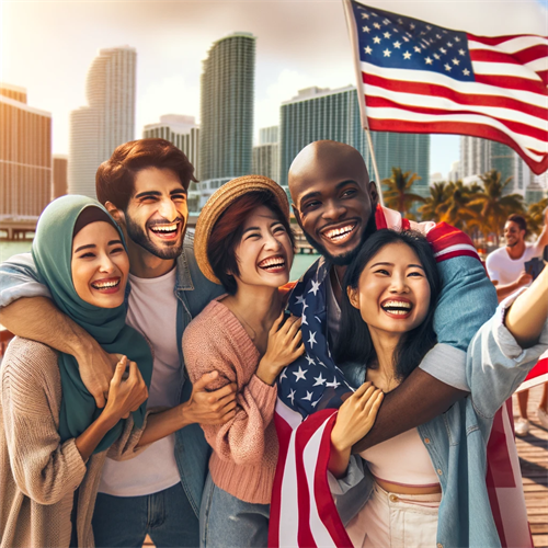 Illustration of people with an American flag