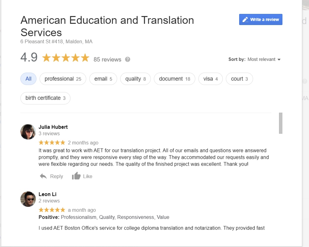 Historical Google review screenshot