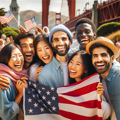 Illustration of people holding an American flag in San Francisco